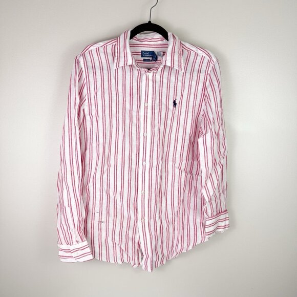 Polo Ralph Lauren Linen Shirt Men’s M Classic Fit Red White Striped Button Up - Picture 1 of 11